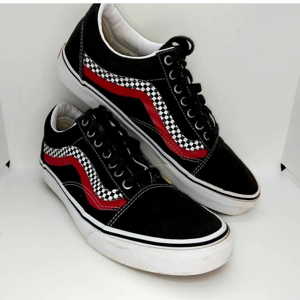 Vans Off the Wall Black Checkered Stripes w/Red Yellow Lace-up Sneakers - sz. 10
